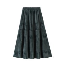 여성 플리츠 A라인 롱스커트 pleated long skirt women solid 벨벳 겨울 어 하이 웨이스트 a 라인