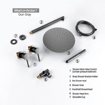 선반형샤워수전 벽수전 편리한 회전 8/10/12 인치 강우량 샤워 세트 로즈 골드 벽걸이 형 욕실 믹서 황동 수도꼭지 온수 및 냉수 탭, [04] Gunmetal Shower, [02] 10 인치