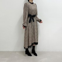 햅번 레이스 쉬폰 호피 레오파드 오버핏 리본 복고풍 롱 원피스