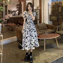 2022 봄 여름 프렌치 로즈 플라워원피스 여성 하프기장 허리보정 슬림핏 반팔 트렌드 15 스카이 안 출하함
