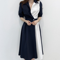 ALIPANG 알리팡 여성 원피스 A라인 캐주얼 여성스러운 브이넥 셔츠원피스 배색 랩 허리보정 주름원피스 반소매 셔츠카라 원버튼 밴딩 투톤 롱원피스 오피스룩 하객룩 모임룩 프렌치