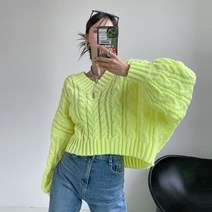 씸플비 (롤리팝니트)V넥 크롭 네온컬러 여성니트 오버핏 박시 형광스웨터