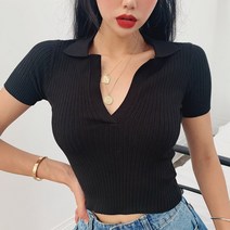 무지 브이넥 카라 니트 여성 반팔 크롭티