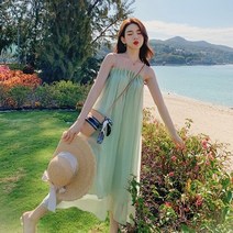 동남아여행 원피스 동남아 여행룩 베트남 태국 필리핀 녹색 슬링 드레스 첫사랑 치마 느슨한 해변 착용 불