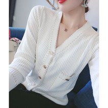 빌리즈빈 가을 여성 브이넥 주름무늬 긴소매 니트 티셔츠 W9