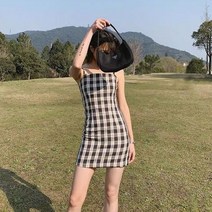 여성 쉬폰 원피스 빈티지 Bodycon 붕대 슬립 민소매 한 튜닉 캐주얼 격자 무늬 우아한 가방 힙합 드레스 여름 빛 미니 짧은