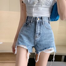 홍콩 스타일 치크 트임 하이웨이스트 슬림 데님 반바지