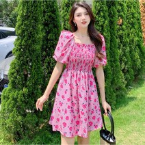 Momolatti 여성용 하이웨이스트 플라워 쉬폰 미디원피스