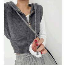 [무배]아임무드샵 레이어드템 크롭 니트 후드 집업 가디건 조끼 베스트 여성조끼 여성후드조끼 니트조끼