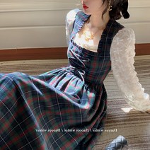 프렌치 궁중 빈티지 타탄 체크 원피스 여 봄여름 분위기 허리 날씬 무릎 롱스커트