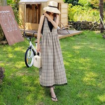 WAWAMOM(특허브랜드) 여성 린넨 체크 뷔스티에원피스 레이스 점프수트 원피스 BUK27t