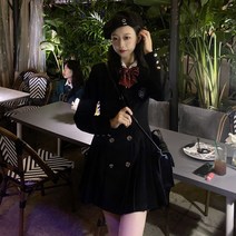 여자 학생 교복 스타일 슬림 A라인 주름 플리츠 더블 브레스트 자켓 미니 원피스 SH