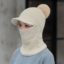 올인원 여성 겨울 골프 니트 털 캡 챙 모자 여자 연습복장 귀도리 이어워머 귀여운, 아이보리모자 넥워머