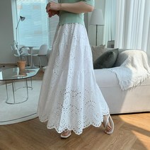 밴딩 캉캉 플레어 레이스 자수 펀칭 롱 스커트
