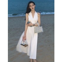 여성 나시 홀터넥 원피스 롱원피스 휴양지 바캉스 여름휴가 여행 데이트 룩, 하얀색