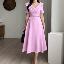 엘린무드 미라클 딥 브이넥 빅 카라 헵번 A라인 글램 벨트 플레어 여성스러운 날씬해보이는 다리길어보이는 셀프웨딩 피로연 드레스 핑크 롱 원피스 3COLOR
