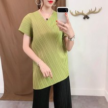 플리츠 브이넥 반팔 루즈핏 무지 티셔츠 블라우스