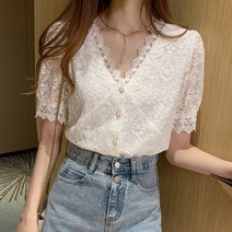 여름 여성용 브이넥 펀칭 반팔 레이스 블라우스 셔츠 7B130