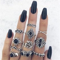 Boho 반지 세트 블렉 오닉스 미디 해골 amp 꽃 보석 인디 고딕 밴드 천연 돌 스택 선물 XC39F-3V