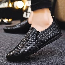 남성용 가죽 Shose 캐주얼 보트 워킹화 통기성 빈 소프트 배경 격자 로퍼 체크 무늬 여름, 01 Black_03 41