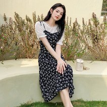 [ 3040 unnis 레이스 반팔 끈 나시 꽃 무늬 쉬폰 원피스 ]