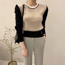 [레티고] 라운드 넥 배색 긴팔 니트