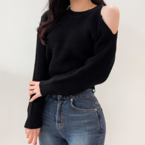 투디 골지 도톰 한쪽 언발 어깨트임 라운드 니트 3color