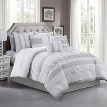 Chezmoi Collection Ariel 7피스 그레이 기하학 셔닐 자수 플리츠 스트라이프 이불 침구 세트 풀 사이즈, California King, Gray Geometric Stripe