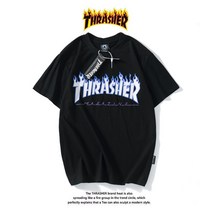 Thrasher T-shirt 트레셔 플레임 로고 여름철 순면 반팔 백색 불길-검정색