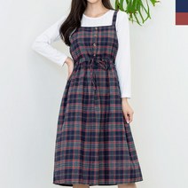 가을패션 허리 셔링 체크 어깨끈 원피스-티셔츠포함
