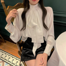 퐁순싸롱 화이트 정장 새틴 실크 리본 쉬폰 블라우스 SH