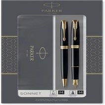 Parker Sonnet 볼펜 및 만년필 듀오 선물 세트 18k 골드 펜촉 검정 잉크 리필 및 카트리지, 골드 림