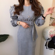 여성 드라마 연예인 갯마을 원피스 스러운 라운드 넥 꽃 장식 벨트 퍼프 신민아원피스