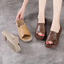 도오빠 여성 가죽 슬리퍼 샌들 뮬 키높이 5.5cm 수제 스트랩 구두 통굽 여름 실내화 발편한 여자슬리퍼