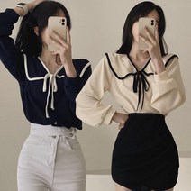 예쁜 스타일 넓은 포인트 여성스러운 카라 매듭 블라우스 리본 여성