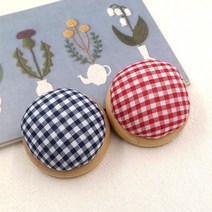 마미쏘잉/ 우드핀쿠션-네이비 레드/ 프랑스자수 퀼트 핀꽂이 바늘꽂이, 네이비