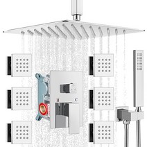 고토노보 무광 블랙 천장 장착 레인 믹서 샤워 수도꼭지 세트 12인치 사각 강우 헤드 6개 바디 스프레이 제트 및 황동 핸드샤워 러프인 밸브 트림 포함, 12 inch, Chrome Polished