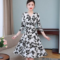 4050대원피스 77사이즈여성쇼핑몰 마 담 미시룩 통통녀 하객룩 원피스 쉬폰 프린트 드레스 긴팔 가을 새로운 중년 얇고