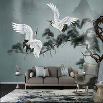 3D 벽화 벽지 소나무 학그림 거실 소파 TV 인테리어 배경벽지, 1 ㎡, 자체 접착 캔버스