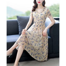 원피스 옐로우 반팔 플라워 원피스 여름 여성 하프 기장 슬림핏 쉬폰 원피스