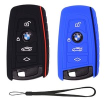 Velsman BMW 사다리꼴 스타일 키 FOB 실리콘 케이스 커버 프로텍터 홀더 - 3개의 버튼과 손목 스트랩 - 키 구성과 모양을 다시 확인하십시오 (블랙), Black and Blue