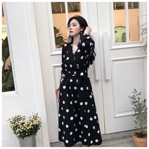 블랙 도트 브이넥 스트링 쉬폰 플레어 원피스