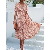 해외여행 플레어 러블리 플로럴 휴가 롱 꽃무늬 원피스 도트 프린트 드레스 여름 플로랄 비치 짧은 소매 하이 웨이스트 v 넥 캐주얼 패션 Boho Dress Vestidos