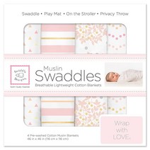 SwaddleDesigns 면 모슬린 포대기 담요 4개 세트 남아 및 여아용 목욕 최고의 샤워 선물 116.8 x 116.8cm 46 46인치 핑크 플로럴 _225778