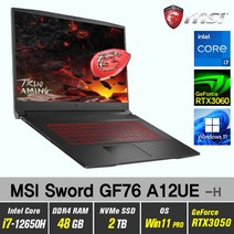 MSI Sword GF76 A12UE 포스 + Win11 Pro포함 / RTX3060 / 12세대i7 / 17인치 게이밍 노트북, WIN11 Pro, 48GB, 2TB, 인텔코어 12세대 i7 12650H, 블랙