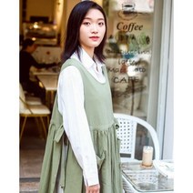 린넨 원피스 포켓 여성용 일본 코튼 앞스커트 드레스 허리 넥타이 주방