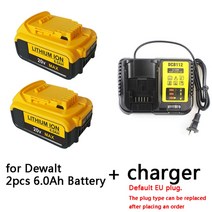 디월트 충전식 전동 호환 배터리 18V 20V 6.0Ah 리튬이온 교체 백업용 밧데리, 2pcs6.0ah 1c