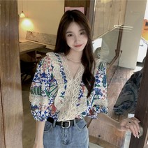 레트로 감성 V넥 스티치 레이스셔츠 블라우스 바캉스룩 꽃무늬 셔츠 봄 여름 제주도