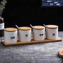 저장항아리 장독대뚜껑 미니옹기 저장용기 항아리 장독 조미료 상자 세트 홈 주방 조미료 탱크 소금 설탕 치킨 에센스 후추 조미료 병 보관 상자 종 세트, 스트레이트 본체 4캔+바닥 플레이트+스푼