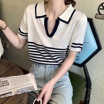 여성 심플한 데일리 카라 브이넥 여름 반팔 니트티
